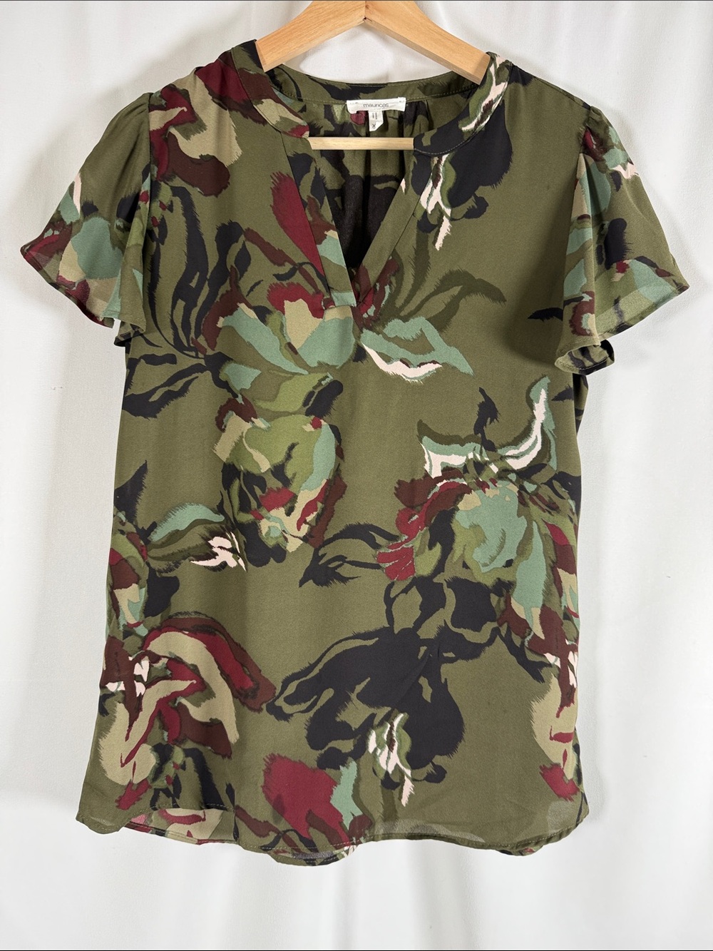 Maurices Olive Floral V-Neck Flutter Sleeve Blouse